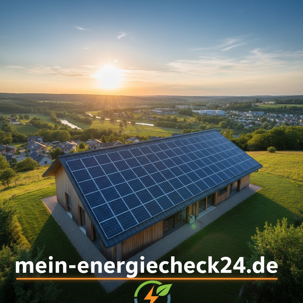 Ein modernes Wohngebäude mit einer großen Photovoltaikanlage auf dem Dach steht in ländlicher Umgebung bei Sonnenuntergang.